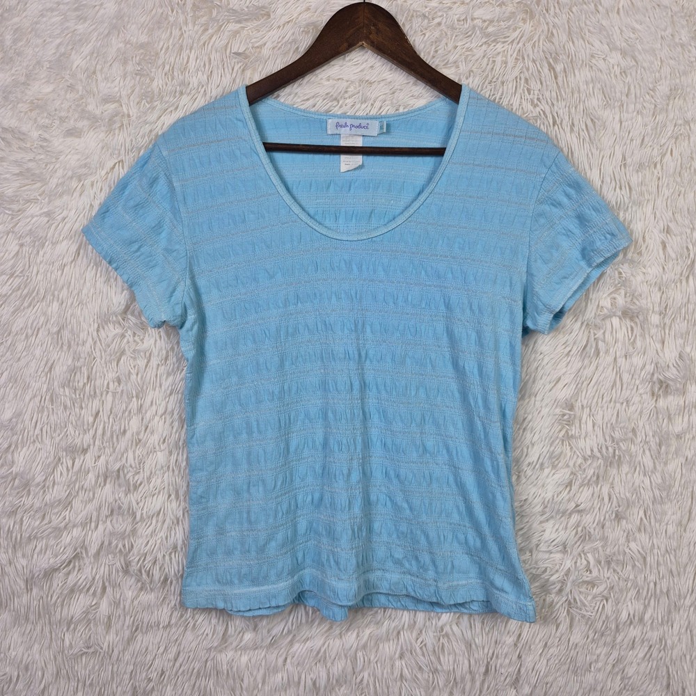 Fresh Produce Womens XL Blue Textured Seersucker Scoop Neck T-Shirt USA Made